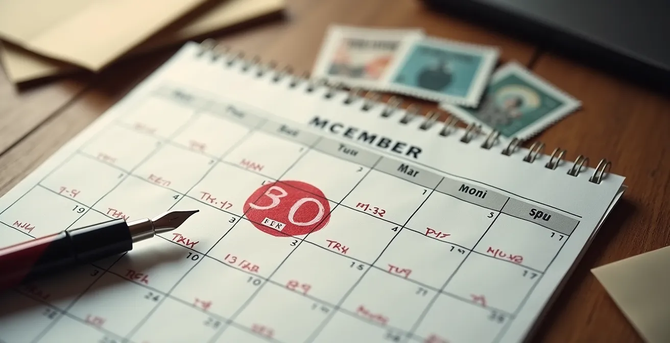 Kalenderblatt mit markierter 30-Tage-Frist und Schweizer Amtsdokumenten