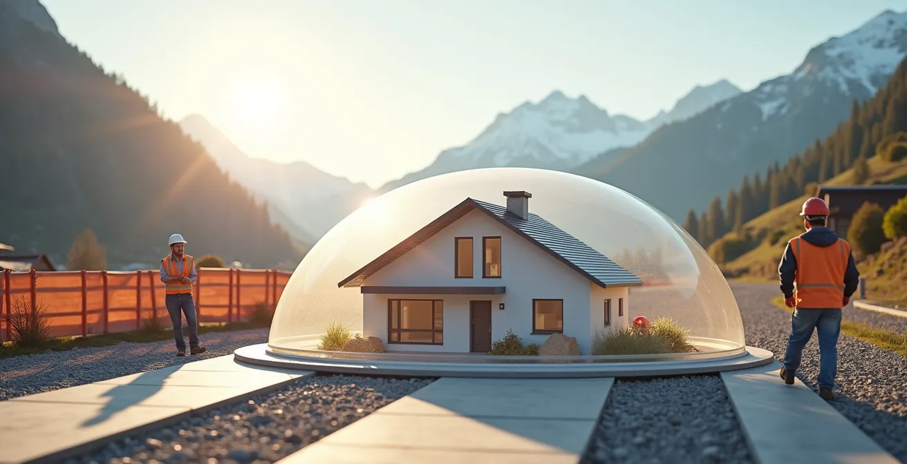 Präventive Massnahmen gegen Bauhandwerkerpfandrechte visualisiert, mit einer symbolischen Schutzkuppel über einem Hausmodell auf einer Schweizer Baustelle.