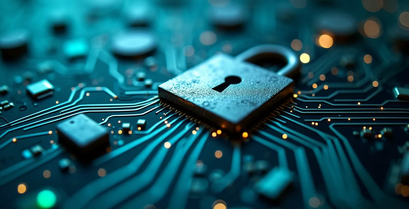 Makroaufnahme von Datenschutz-Symbolen und abstrakten Datenflüssen