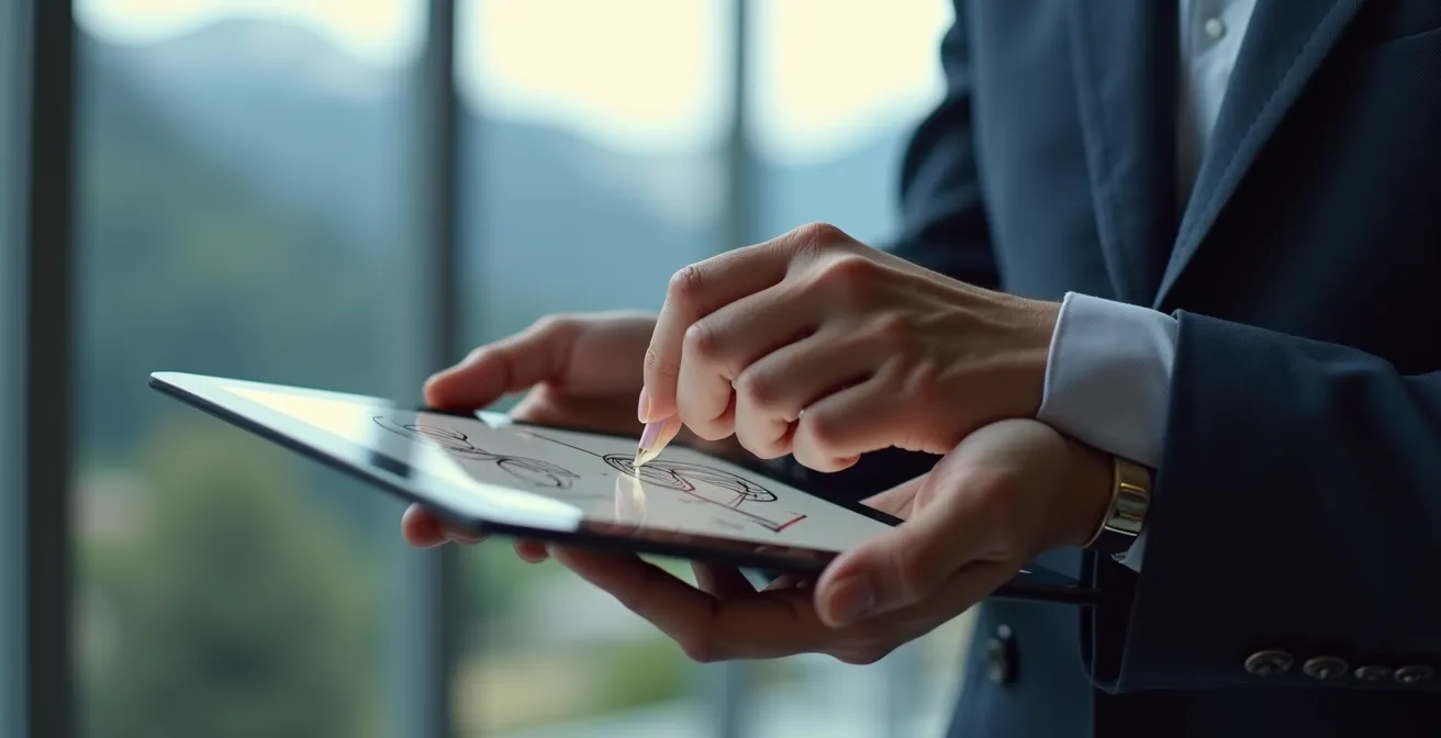 Geschäftsperson unterzeichnet digital auf Tablet mit Schweizer Bergen im Hintergrund