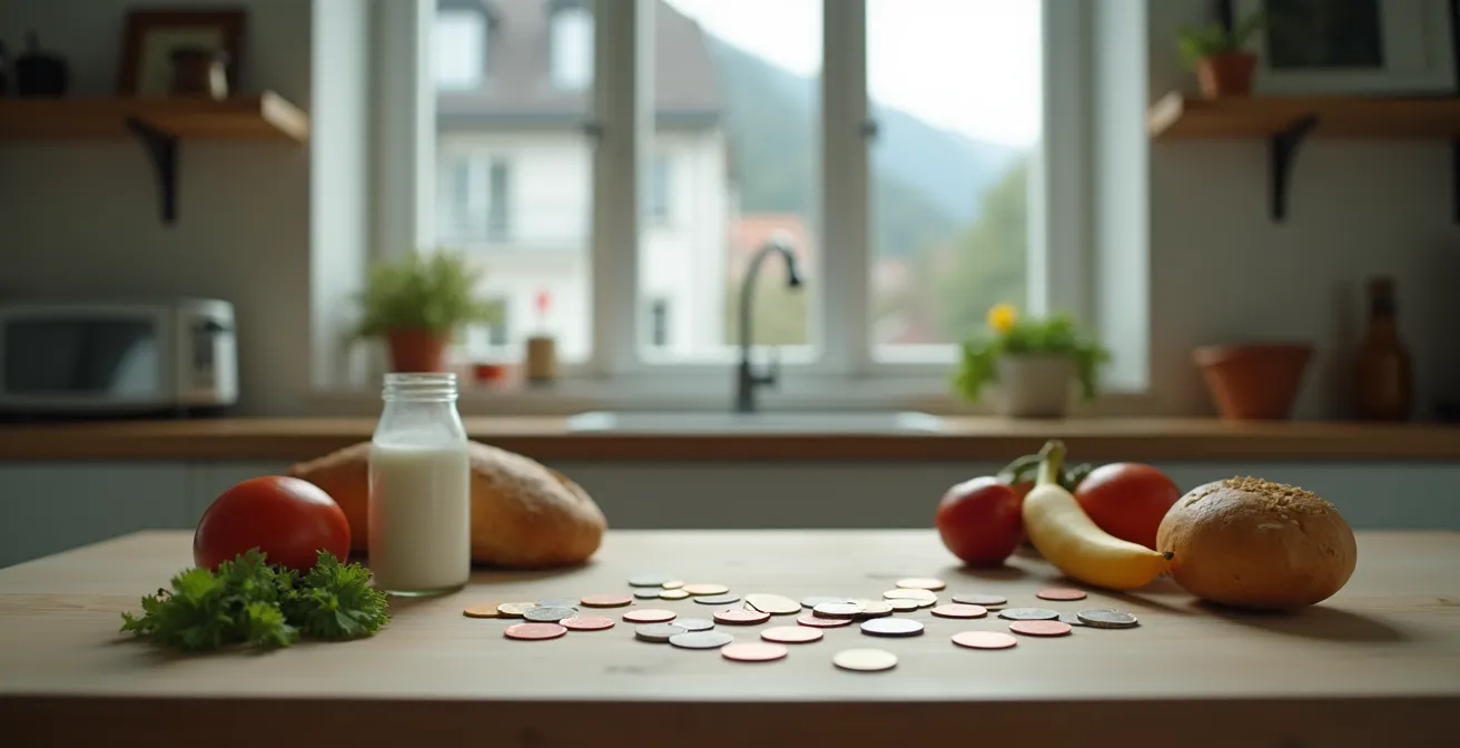 Symbolische Darstellung des Existenzminimums mit Grundnahrungsmitteln und Schweizer Franken auf einem Küchentisch.