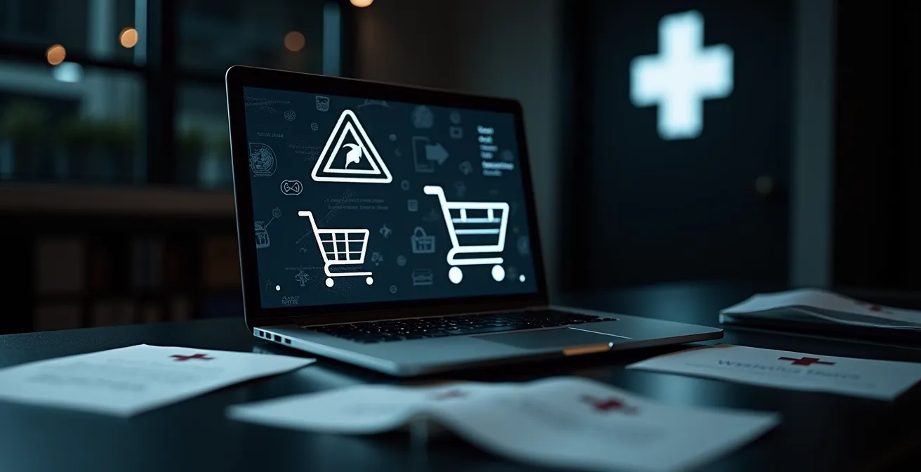 Gefälschte Online-Shop-Oberfläche mit verschwommenen Schweizer Unternehmenslogos im Hintergrund