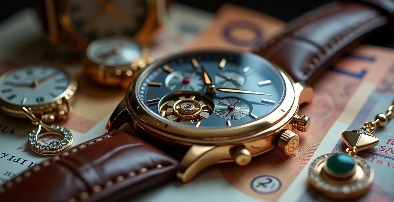 Darstellung der Geldwäschereiprävention im Luxusgüterhandel mit Schweizer Franken und Luxusuhren.