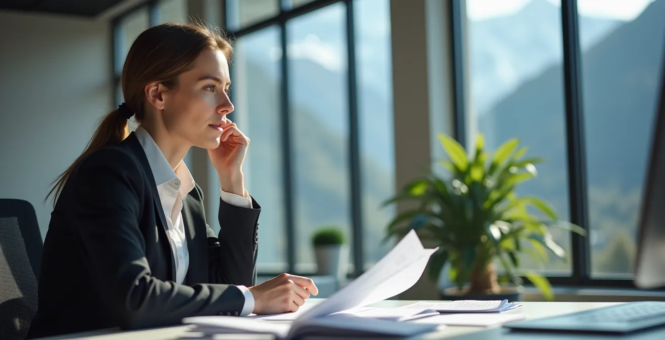 Nachdenklicher Schweizer Geschäftsführer in einem modernen Büro, der die persönliche Haftung nach nDSG reflektiert.