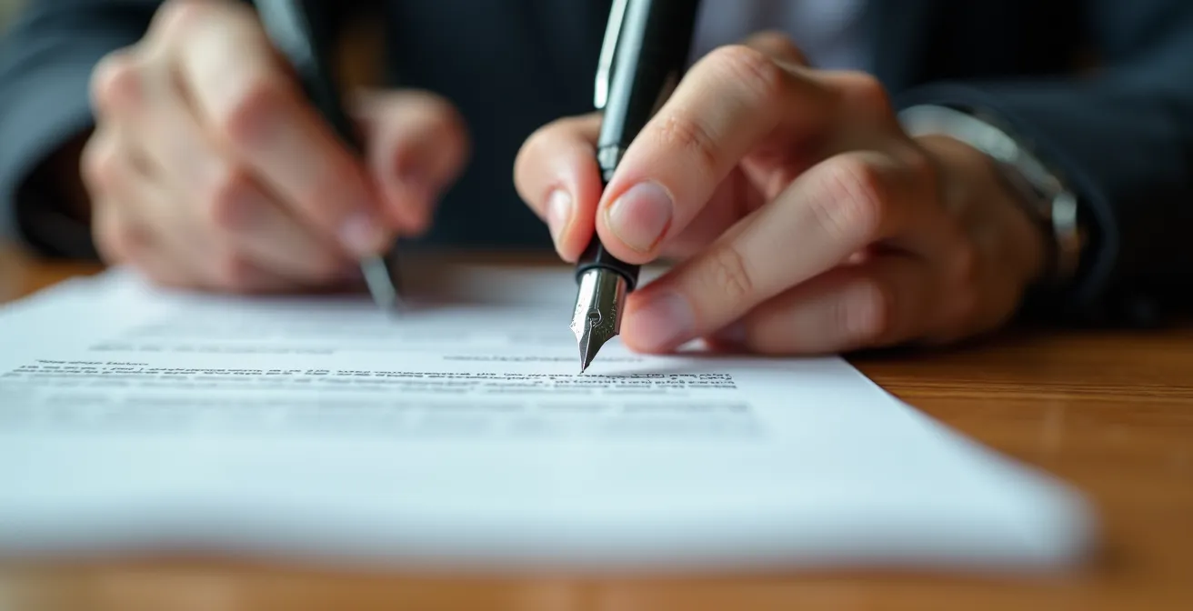 Nahaufnahme von Händen, die ein Bestätigungsschreiben unterzeichnen mit verschwommenem Büro im Hintergrund