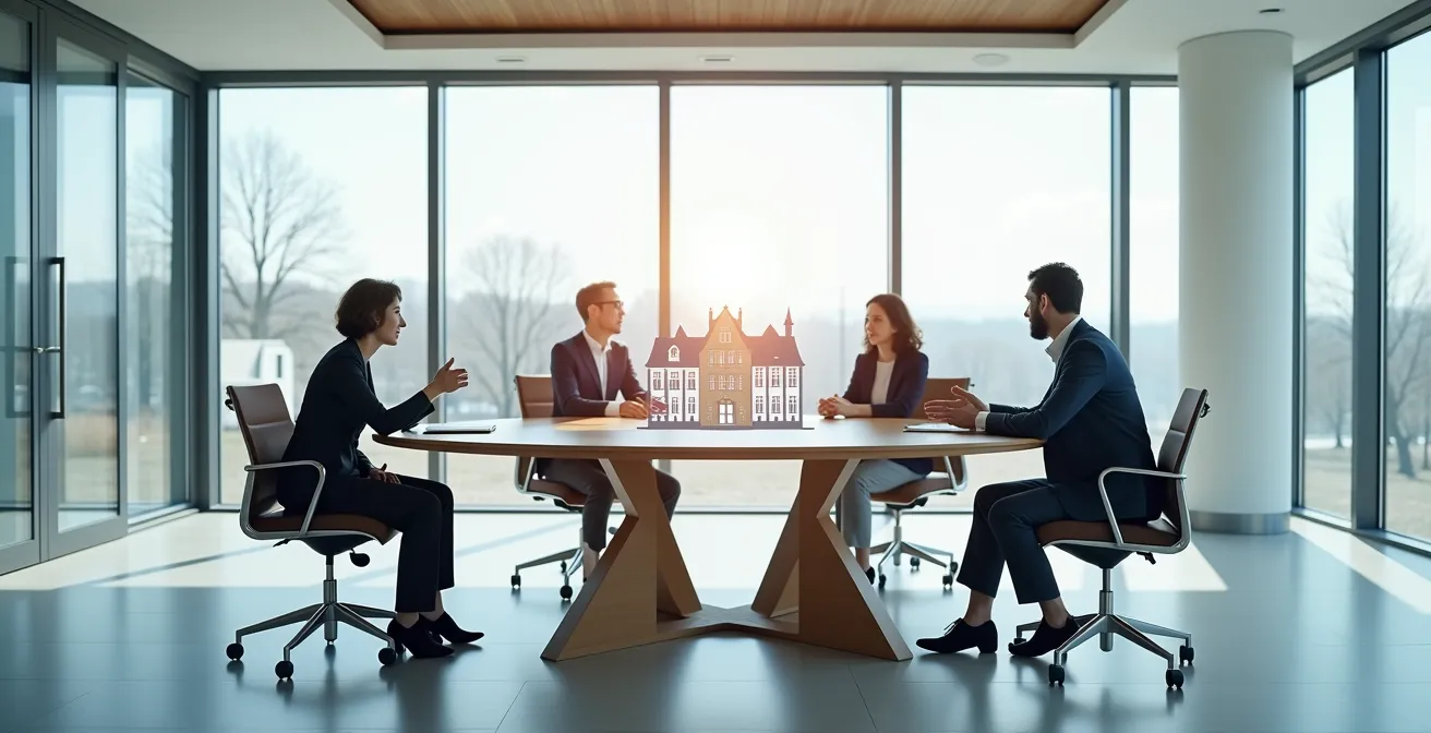 KESB-Mitglieder beraten über einen Privatschulantrag mit Fokus auf das Kindeswohl in einem modernen Schweizer Amtsgebäude.