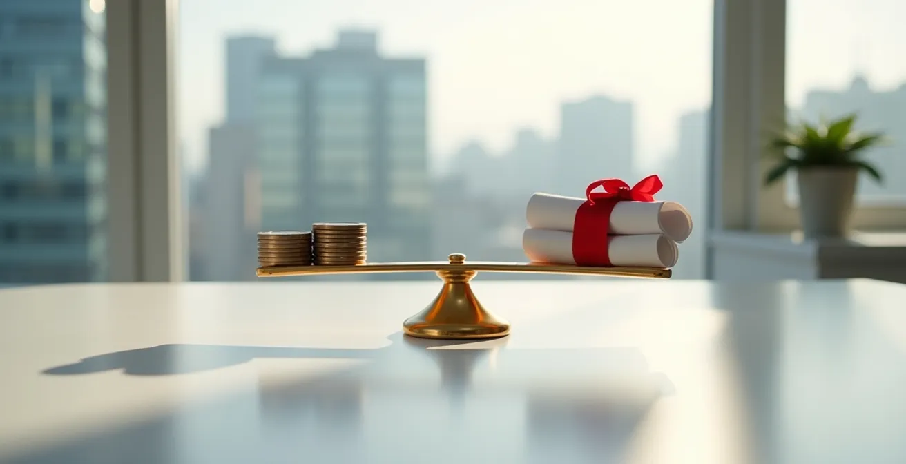 Symbolische Darstellung der Kosten-Nutzen-Abwägung bei Kleinbetragsbetreibungen mit Waage und Münzen