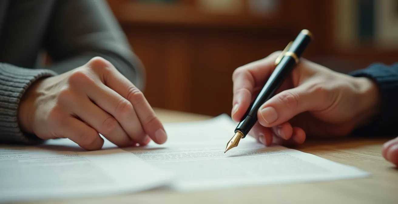 Detailaufnahme von Händen beim Unterzeichnen wichtiger Dokumente mit Füllfederhalter