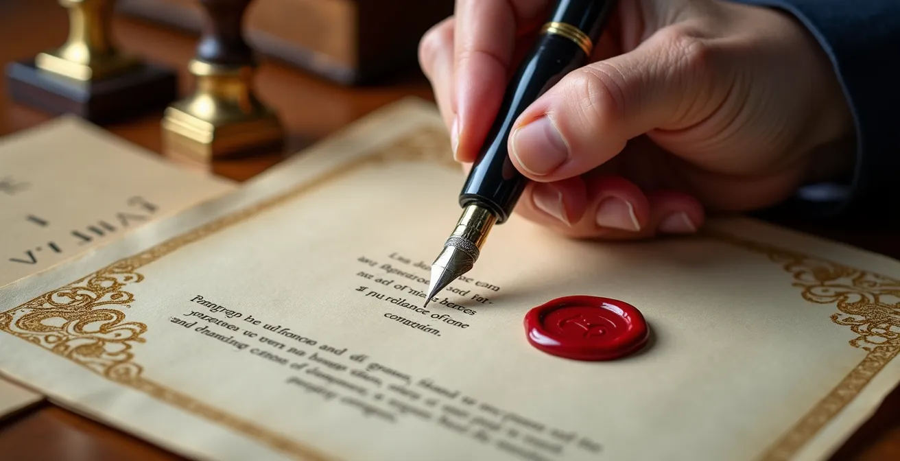 Nahaufnahme einer Vertragsunterzeichnung mit Siegelwachs und Stempel im Schweizer Rechtsbüro