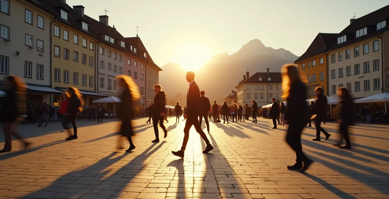 Menschenmenge auf öffentlichem Platz mit verschwommenen Gesichtern