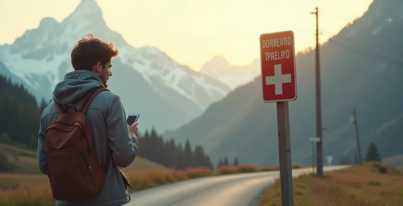 Reisender mit Smartphone vor Schweizer Bergpanorama an der Grenze