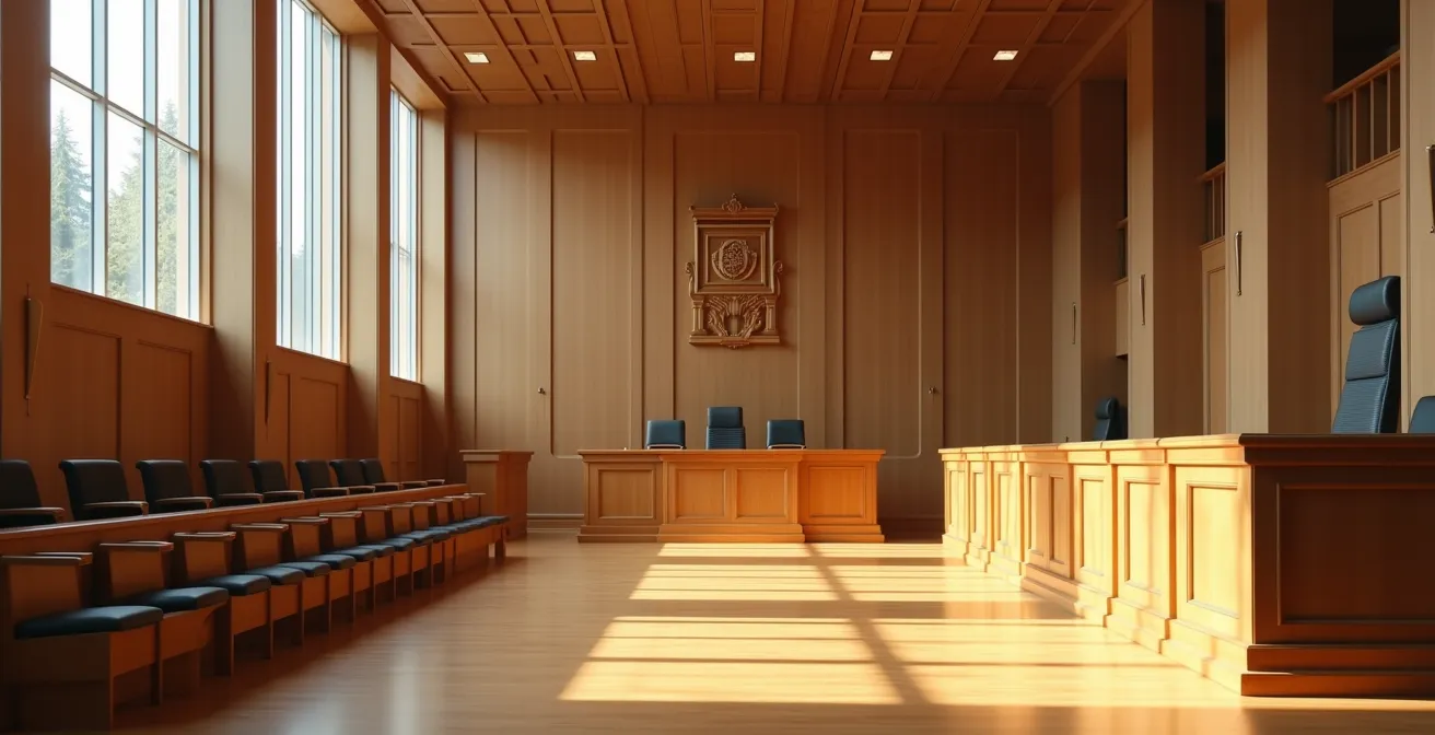 Moderner Schweizer Gerichtssaal mit Richterbank und symbolischer Waage