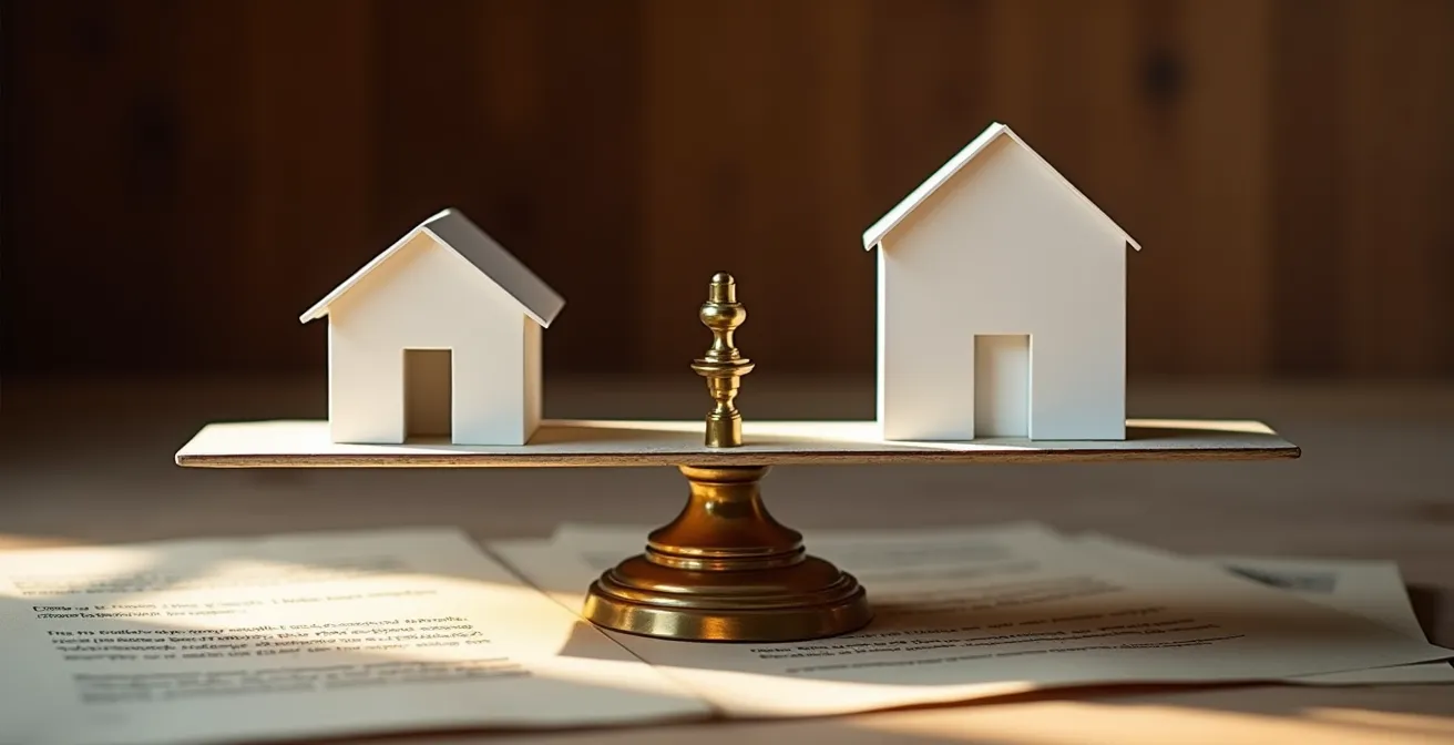 Visualisierung des Steuerrisikos beim Hauskauf in der Schweiz, dargestellt durch eine Waage, die ein Hausmodell und Dokumente im Ungleichgewicht zeigt.