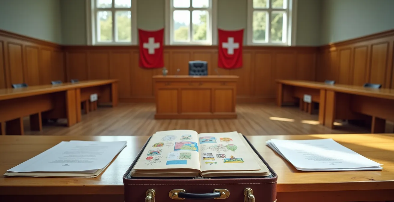 Rechtliche Hürden beim Umzug mit Kindern ins Ausland ohne Zustimmung, dargestellt durch einen leeren Gerichtssaal mit Koffer und Akten.