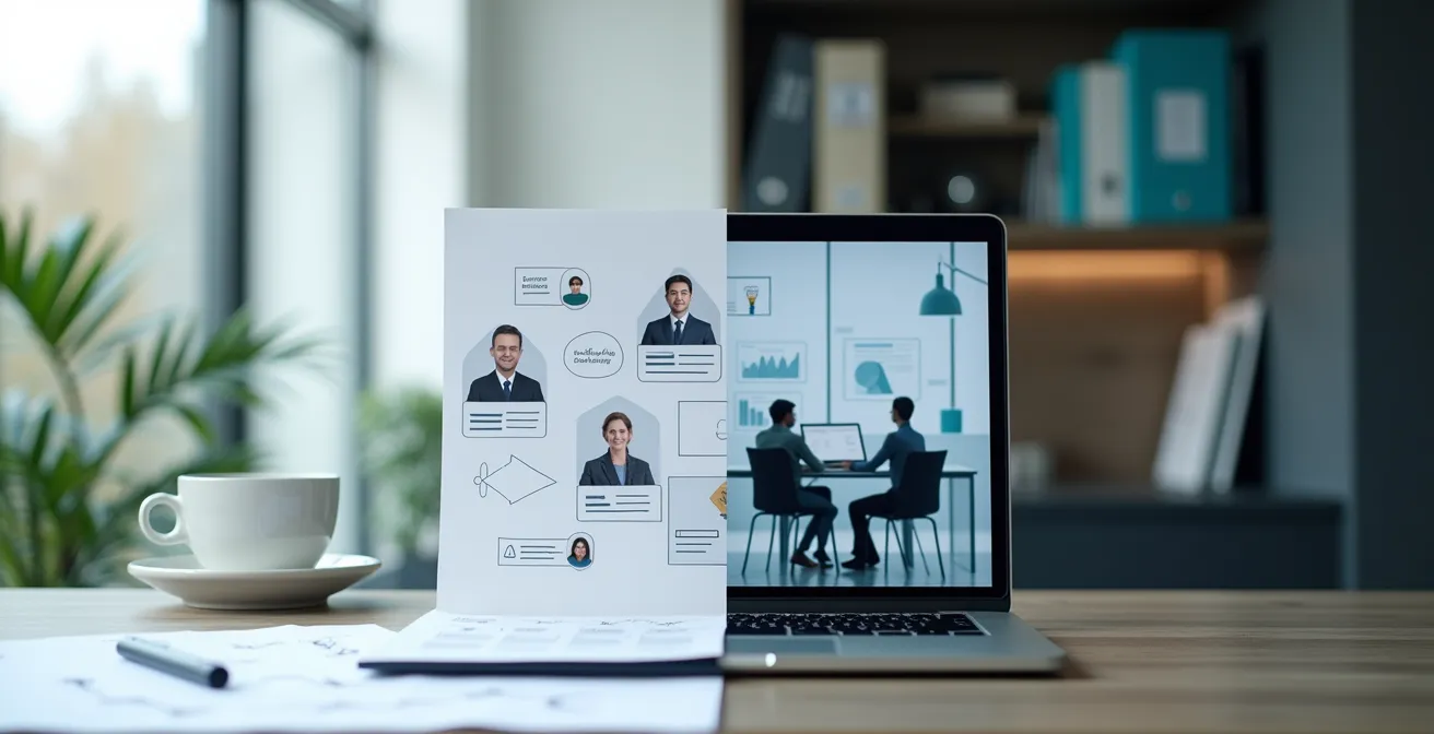 Visuelle Darstellung der Unterschiede zwischen Werkvertrag und Personalverleih mit abstrakten Symbolen