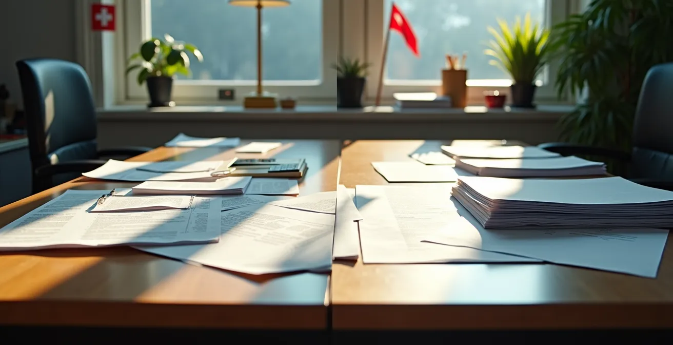 Split-Screen Darstellung zweier Dokumente im Schweizer Kontext, eines unordentlich und generisch, das andere präzise und massgeschneidert.