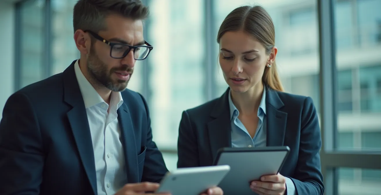 Zwei Geschäftsleute prüfen gemeinsam Dokumente an getrennten Arbeitsplätzen