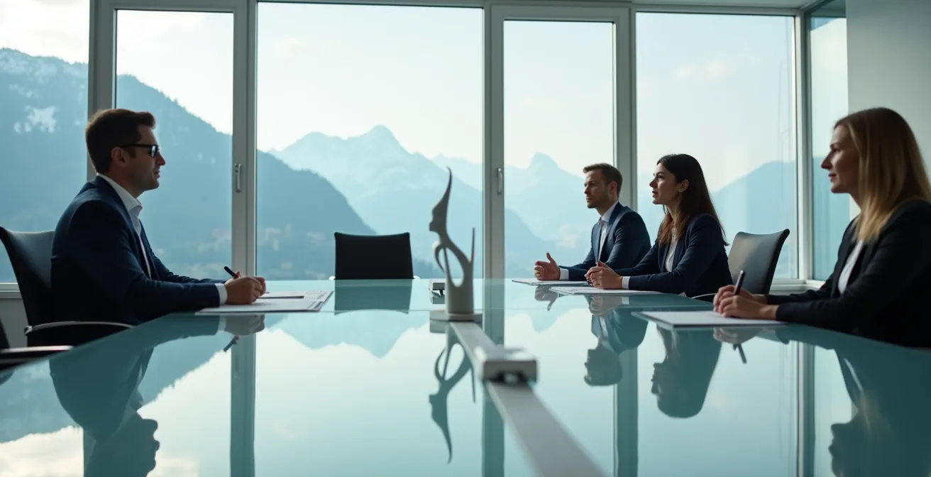 Weitwinkelaufnahme eines modernen Schweizer Konferenzraums mit Führungskräften in einer Besprechung