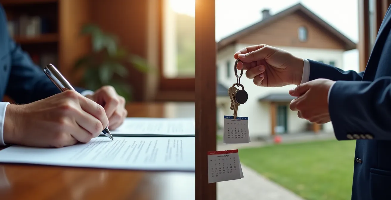 Zeitlicher Ablauf des Risikoübergangs beim Immobilienkauf, der die Phasen von Vertragsunterzeichnung bis Grundbucheintrag darstellt.