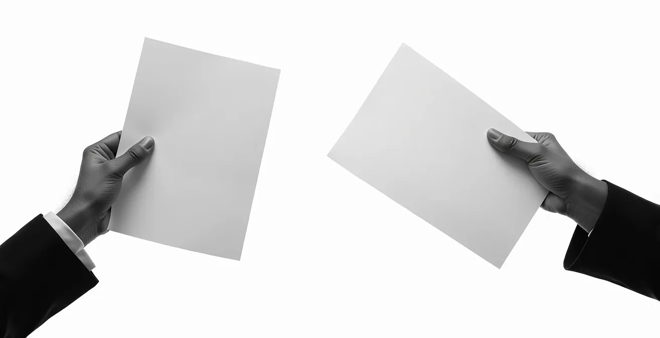 Nahaufnahme von zwei Händen, die verschiedene Dokumente vergleichen, was die unterschiedlichen Interpretationen in der Zeugnissprache symbolisiert.